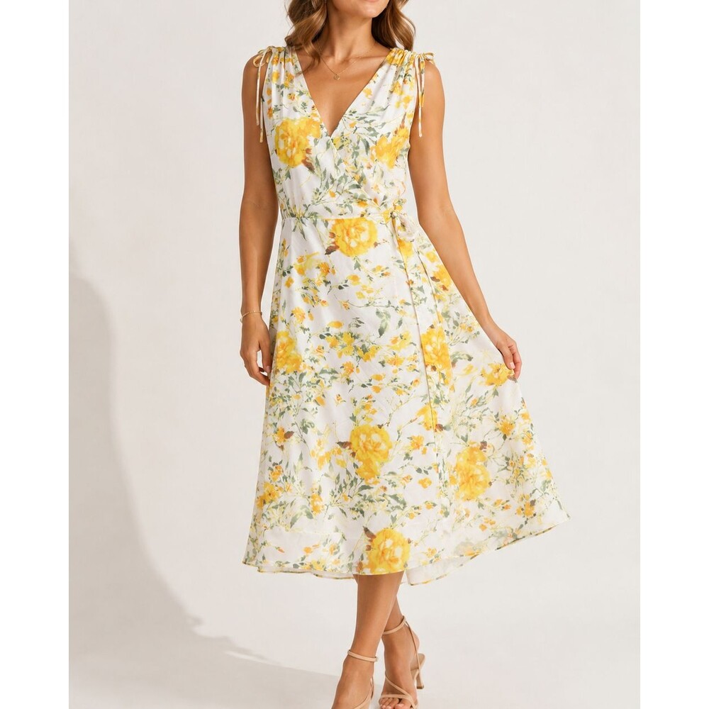 Alex Marie Tabitha Wrap Dress Yellow Ivory Floral Midi Size 8 Cottage Romantic